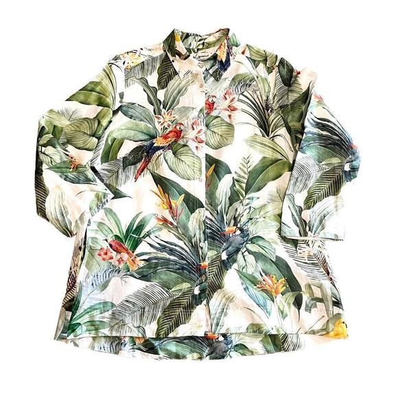 iLinen Lifestyle Parrot Tropical Linen Button Up Maxi Blouse Pockets White Sz L - Picture 10 of 10